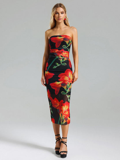 Party Dress Bright Flowers Off The Shoulder Backless Sexy Midi Dress