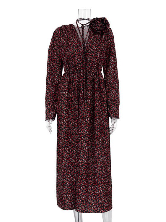 Floral Dress Bloosm Plunge High Slit Long Sleeves Busniess Casual Maxi Dresses