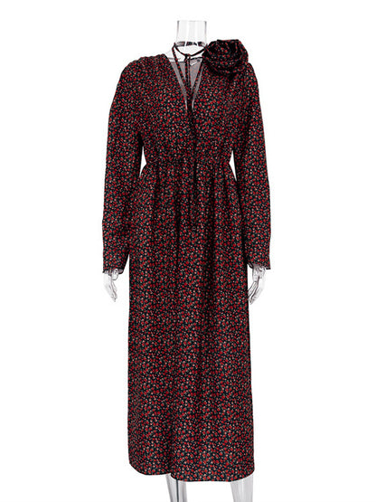 Floral Dress Bloosm Plunge High Slit Long Sleeves Busniess Casual Maxi Dresses