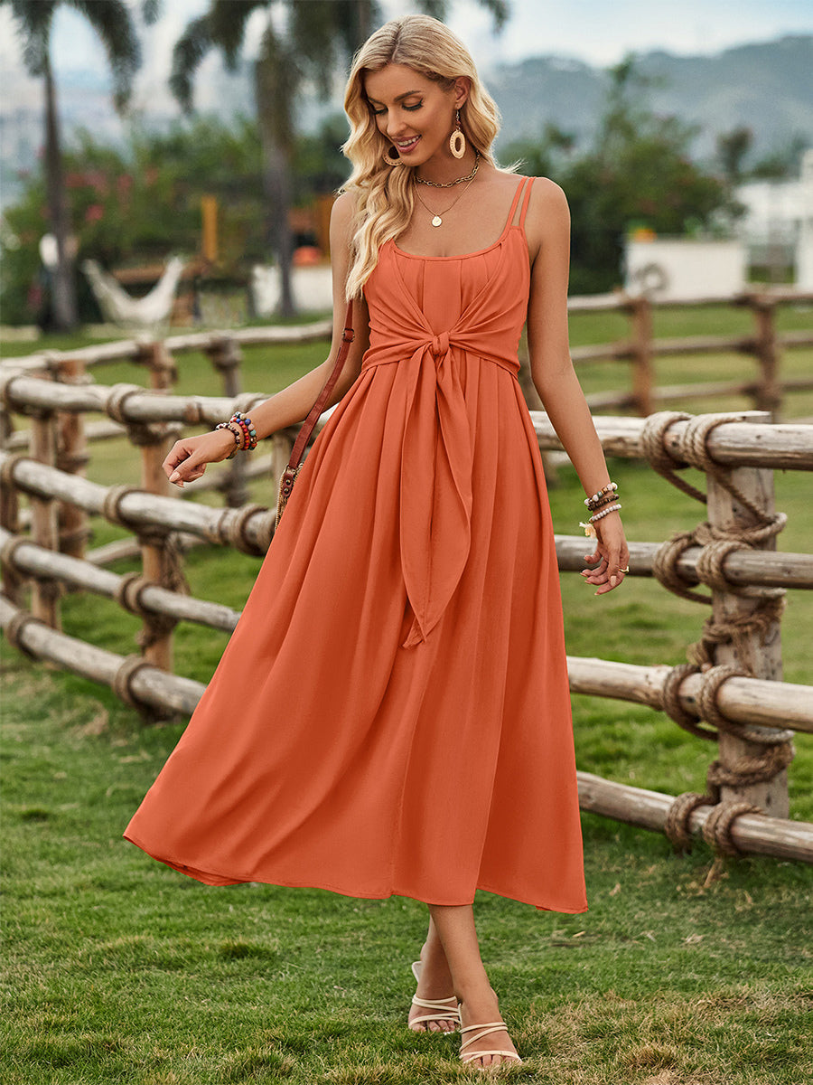 Summer Dress Dual Strap Knot Front Backless Pleated Casual Midi Dresses