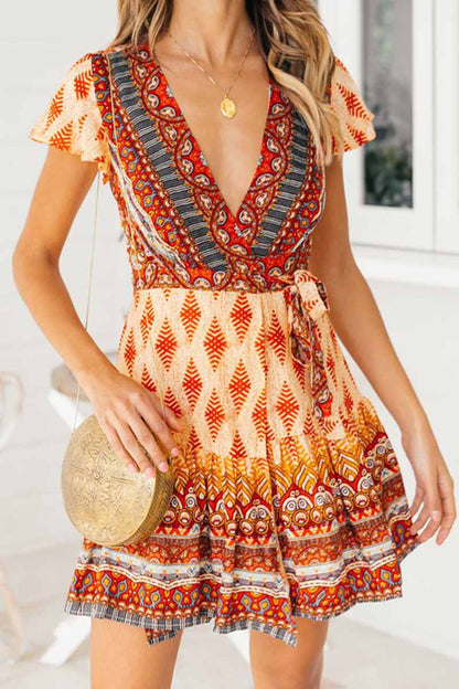 Ethnic Print Wrap V-Neck Flutter Sleeve Tiered Ruffle Mini Dress