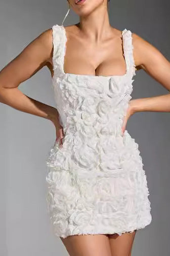 3D Floral Rosette Square Neck Bodycon Mini Dress