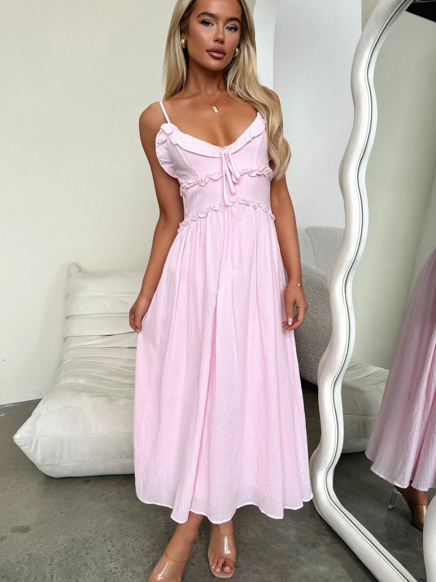 Ruffle Solid Color Camisoles Bandage Maxi Dresses