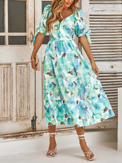 Floral Print Surplice V-Neck Tie Cuff Puff Sleeve Tiered Ruffle Midi Dress