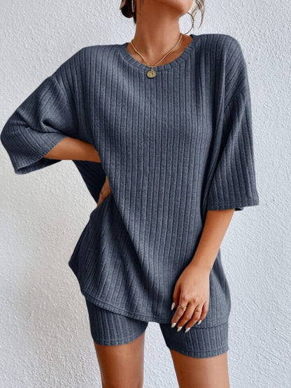 Piping Crew Neck Loose T-shirt And Shorts 2-piece Sets