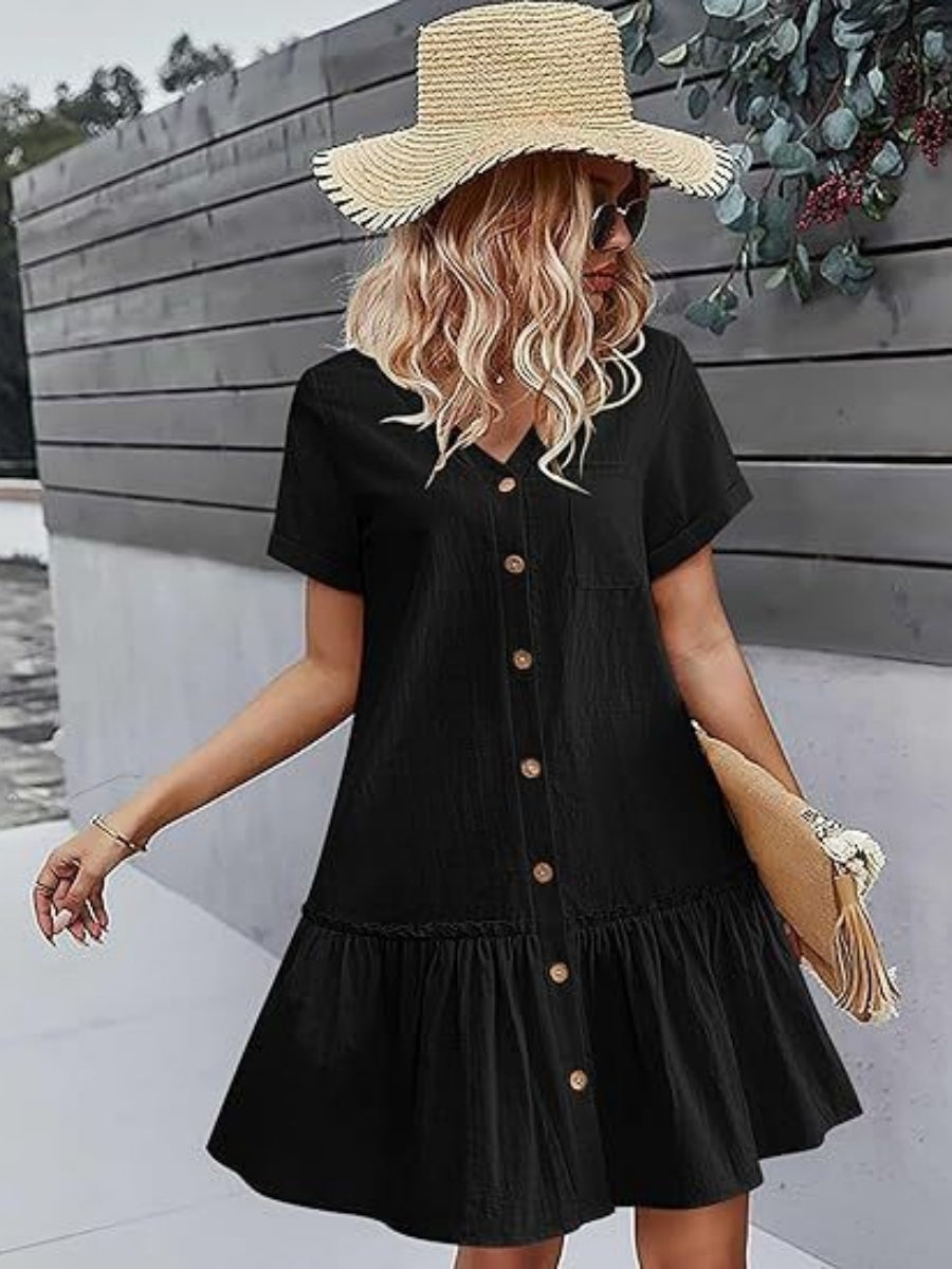 Single Row V-neck Loose-fit Short Sleeve Mini&Short Dresses