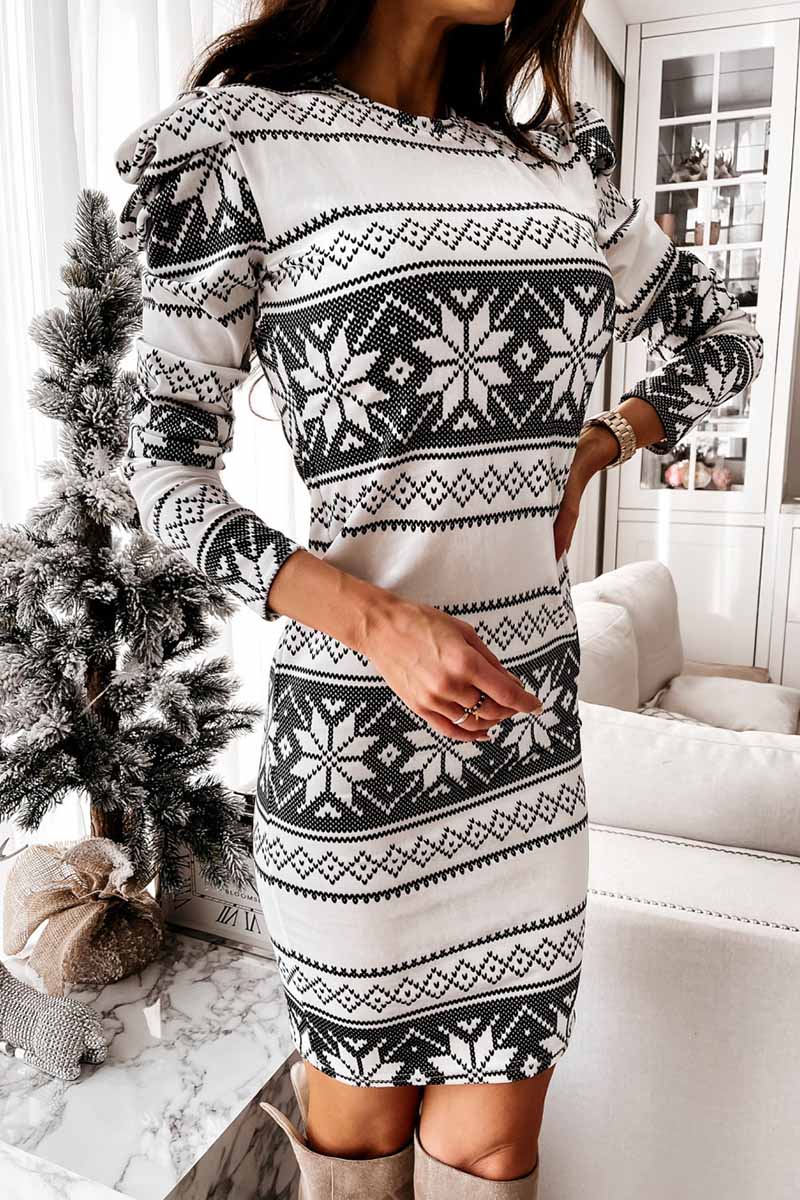 Fair Isle Snowflake Print Puff Shoulder Long Sleeve Bodycon Mini Dress