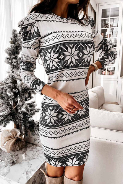 Fair Isle Snowflake Print Puff Shoulder Long Sleeve Bodycon Mini Dress