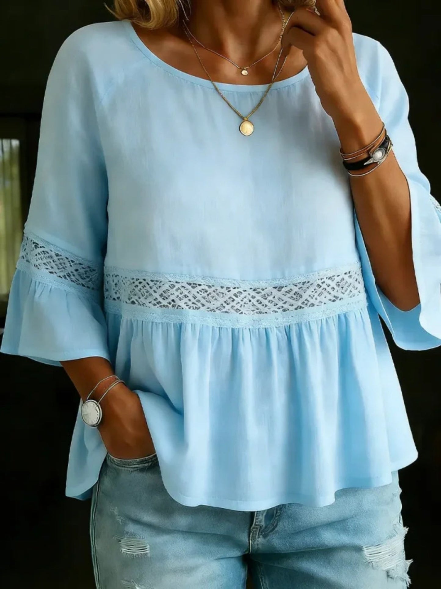 Lace Patchwork Cotton And Linen Round Neck, Three-quarter Sleeves T-shirts