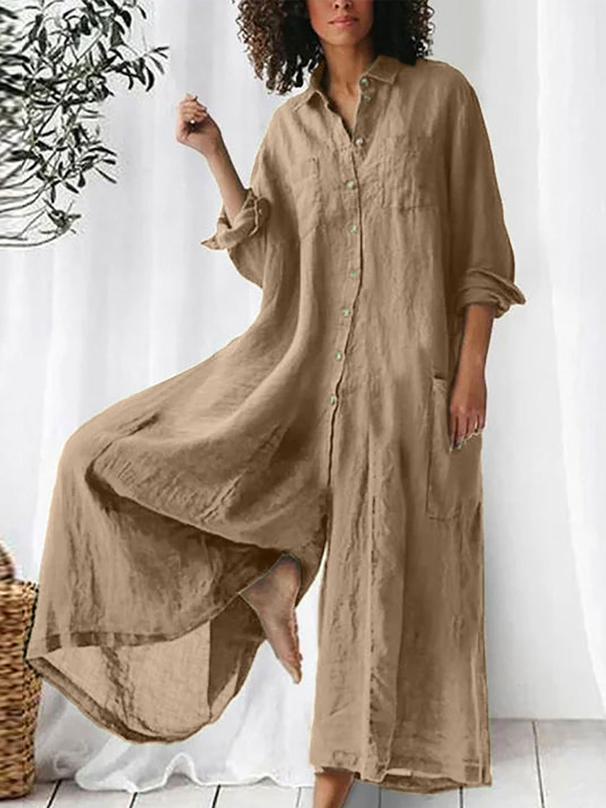 Long-sleeved Mid-length Cotton Linen Shirt Jumpsuit
