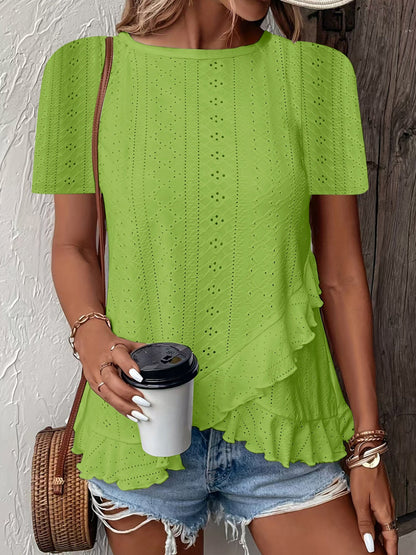 Jacquard Hollow Out Ruffle Crew Neck Short Sleeve T-shirts