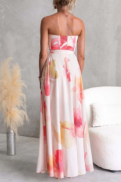 Strapless Tube Tie Waist Floral Print Maxi Dress