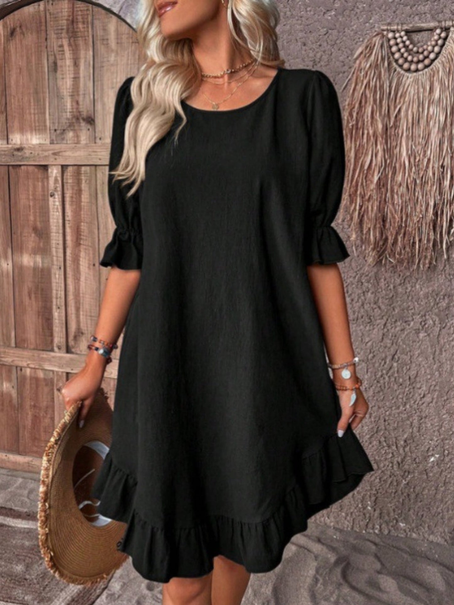 Ruffle Puff Sleeve Round Neck And Full Skirt Mini&Short Dresses