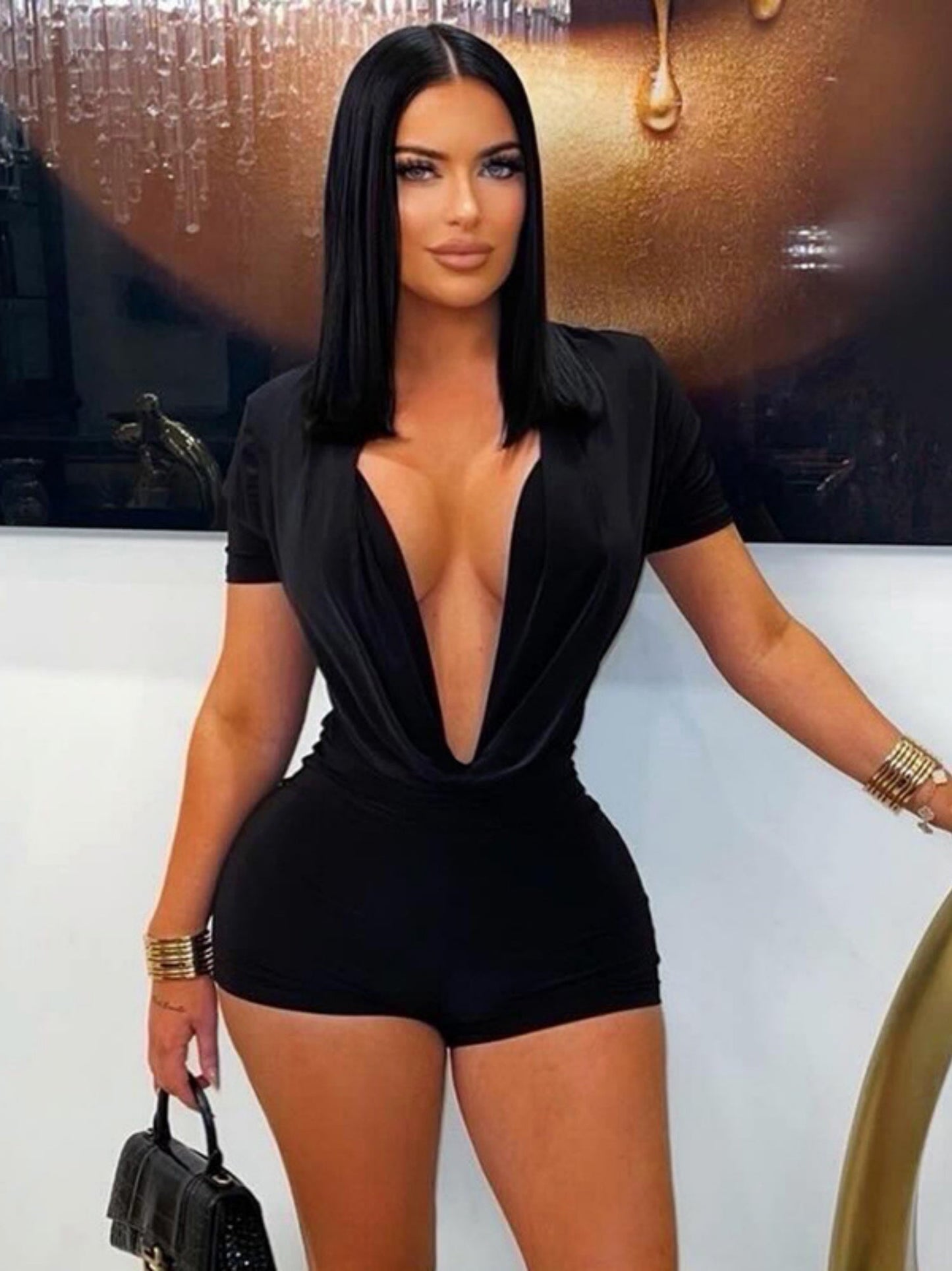 Deep V-neck Short-sleeved Tights Jumpsuits