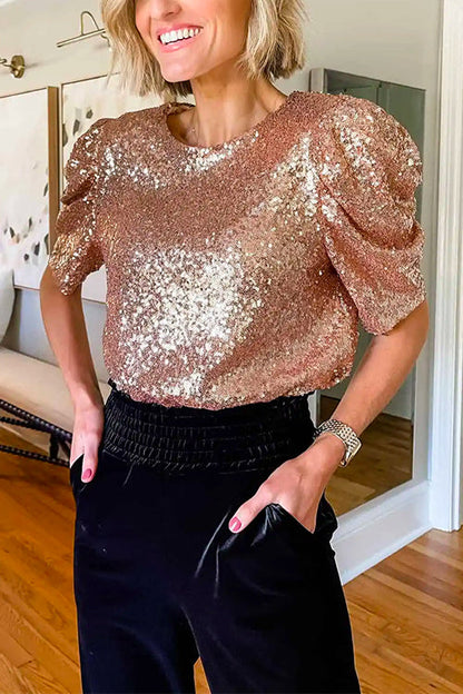 Crewneck Puff Short Sleeves Sequin Top