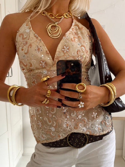 Embroidered Sequins Color Matching Strappy Backless Sweet Tank Tops&Camis