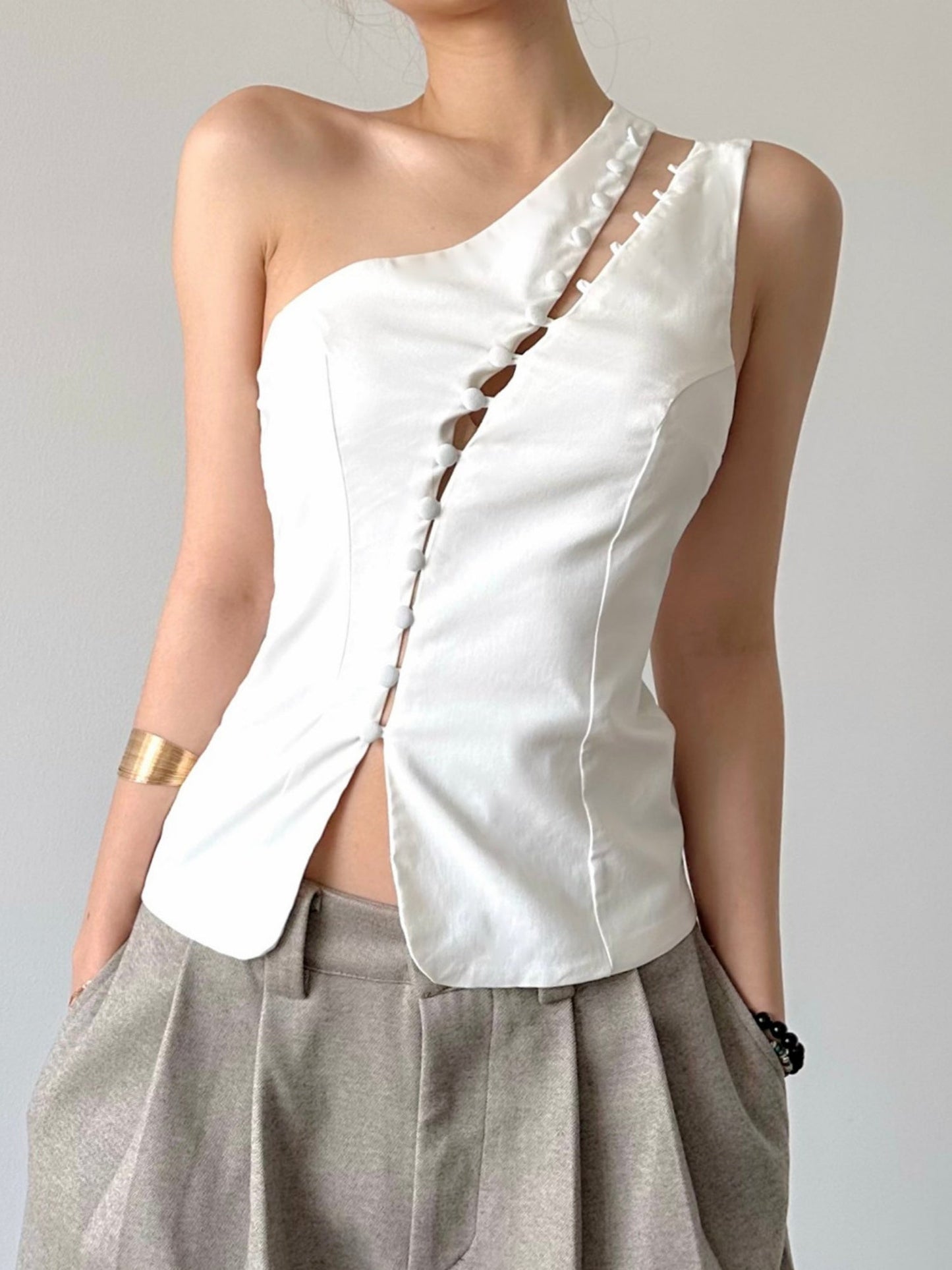 Hollow Out Asymmetrical Collar Buttons Tank Tops