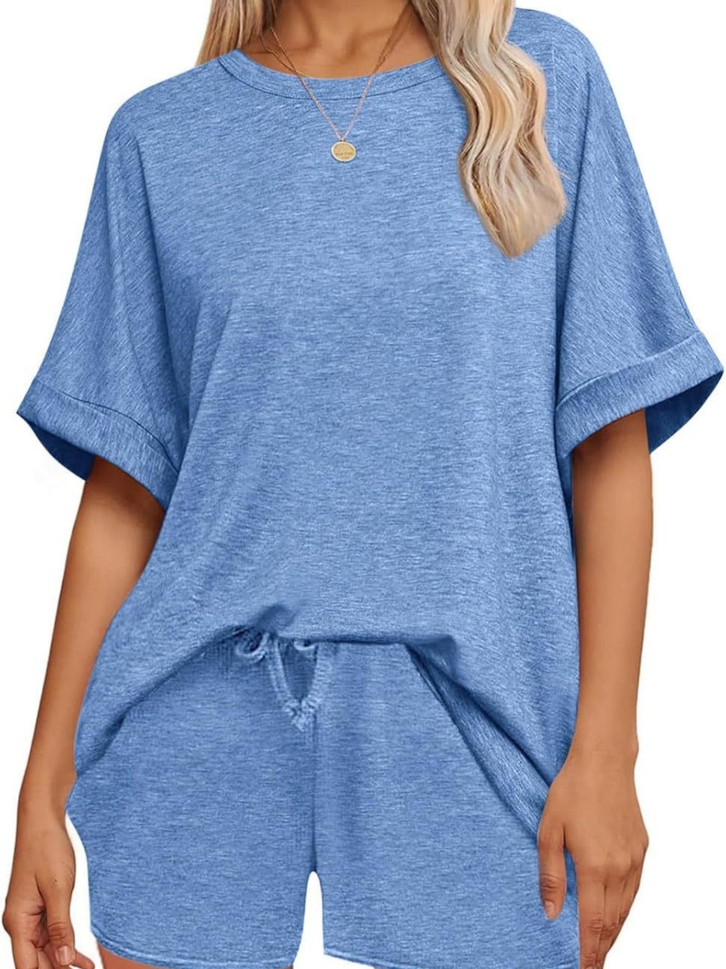 Batwing Sleeve T-shirt Drawstring Shorts Pocket Sportswear 2-piece Sets