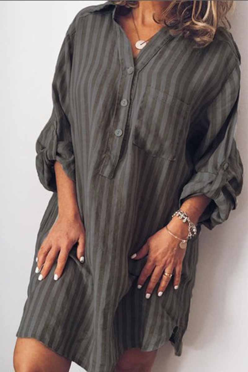 Vertical Stripe Collar Roll-Tab Sleeve Patch Pocket Shirt Mini Dress
