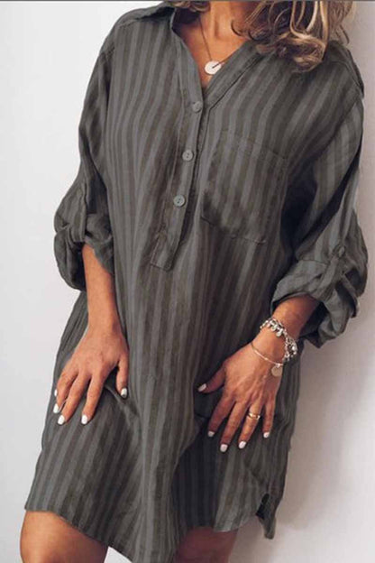 Vertical Stripe Collar Roll-Tab Sleeve Patch Pocket Shirt Mini Dress