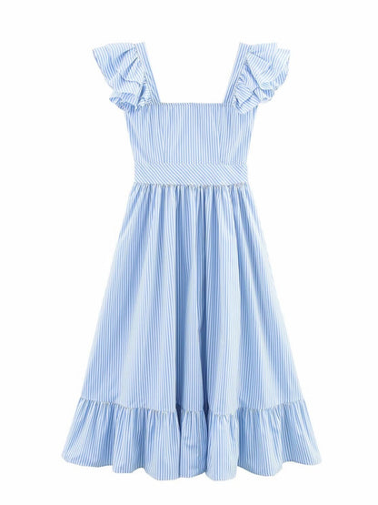 Square Collar Ruffle Button Slit Big Swing Sweet Maxi Dresses