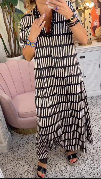 Dash Print Geometric V-Neck Short Sleeve Relaxed Maxi Dress