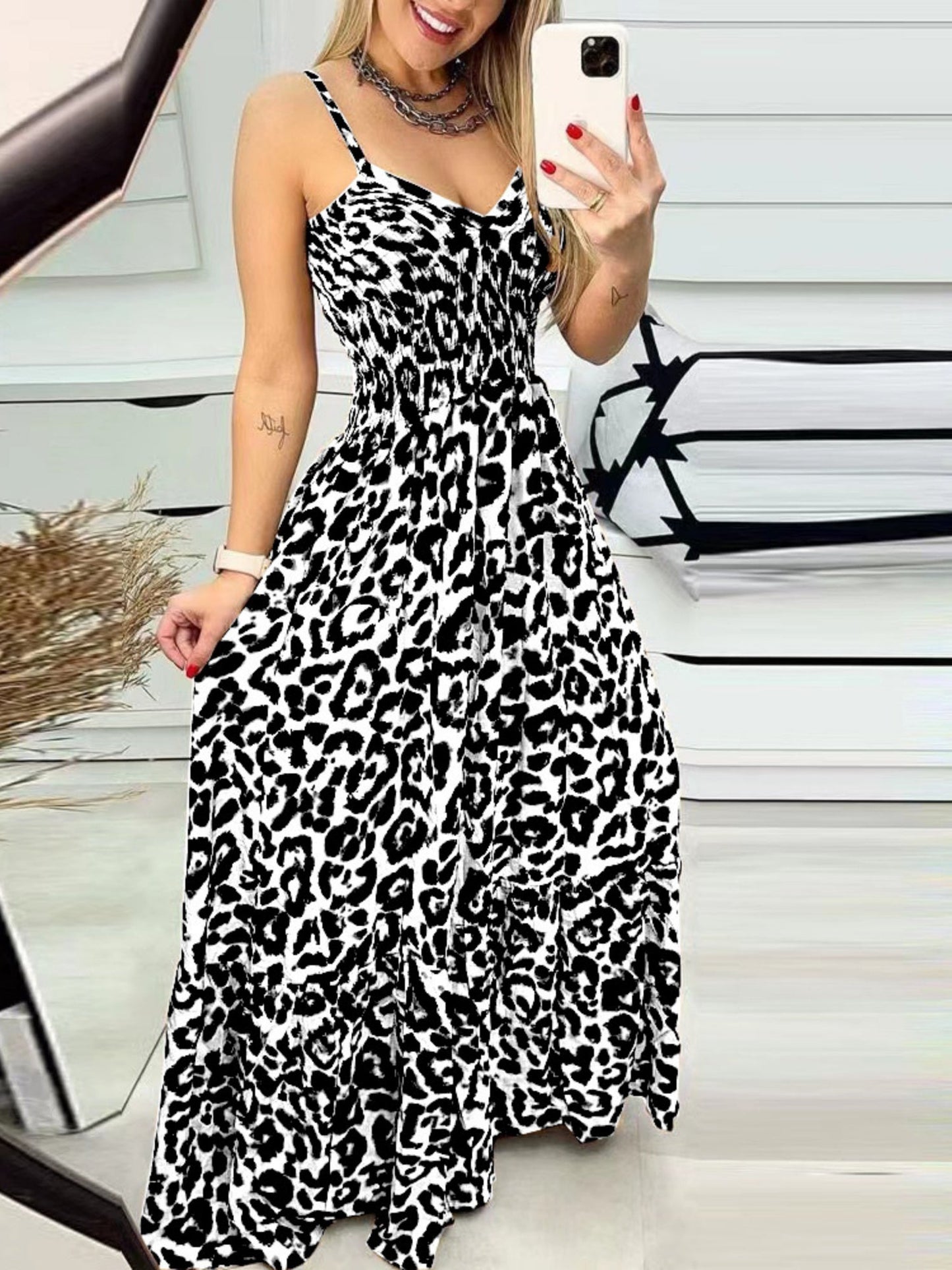 Leopard Print Spaghetti Strap Backless High-waisted And Slimming Maxi Dresses