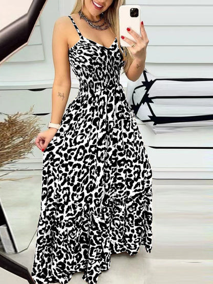 Leopard Print Spaghetti Strap Backless High-waisted And Slimming Maxi Dresses