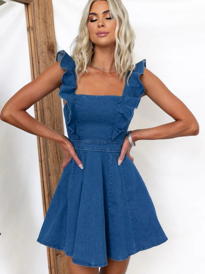 Denim Flying Sleeves Backless Mini&Short Dresses