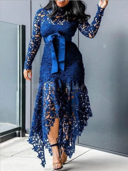 Lace Cutout Lace Up Stand-up Collar Long Sleeves Maxi Dresses