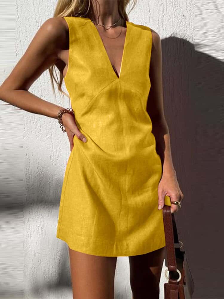 Plunge V-Neck Linen Texture Seam Detail Mini Dress
