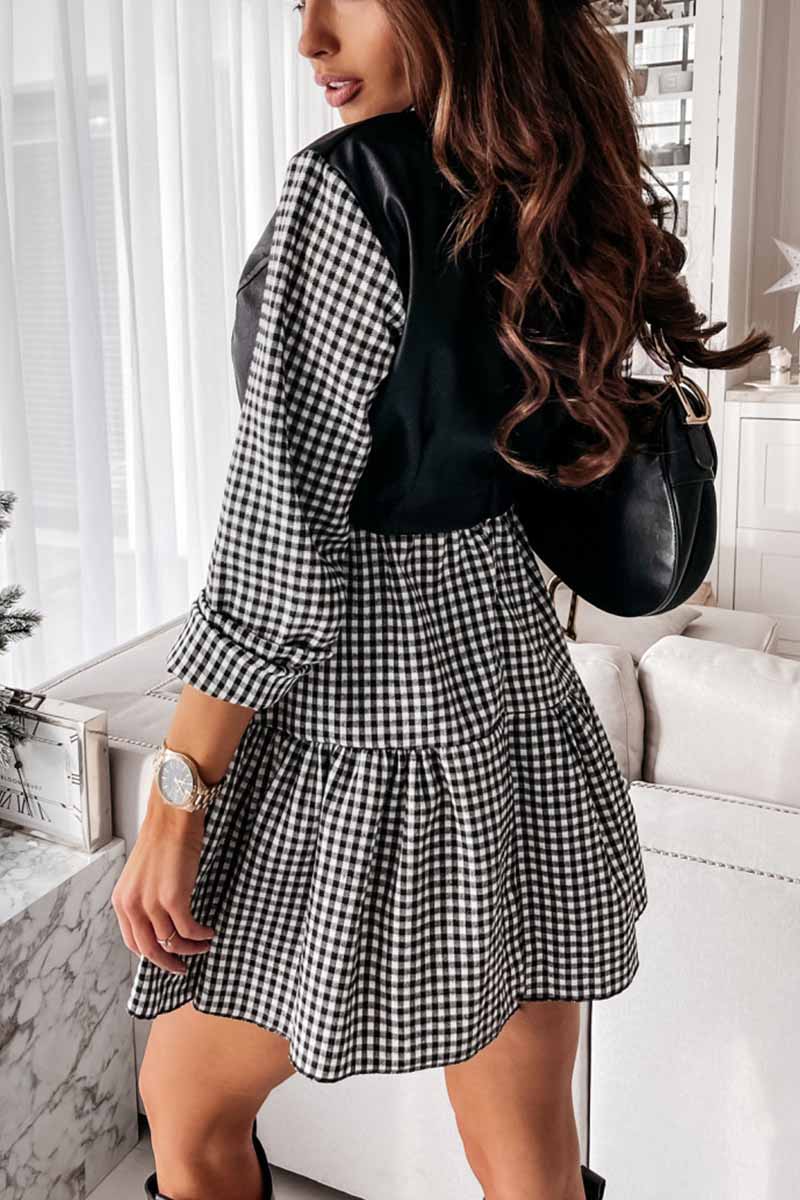 Collared Shirt Sleeve Faux Leather Panel Tiered Ruffle Mini Dress