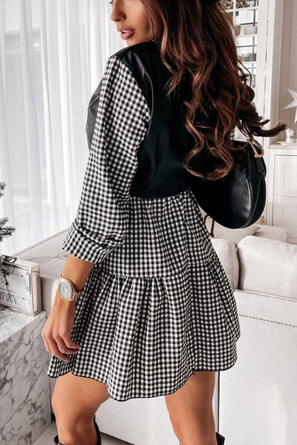 Collared Shirt Sleeve Faux Leather Panel Tiered Ruffle Mini Dress