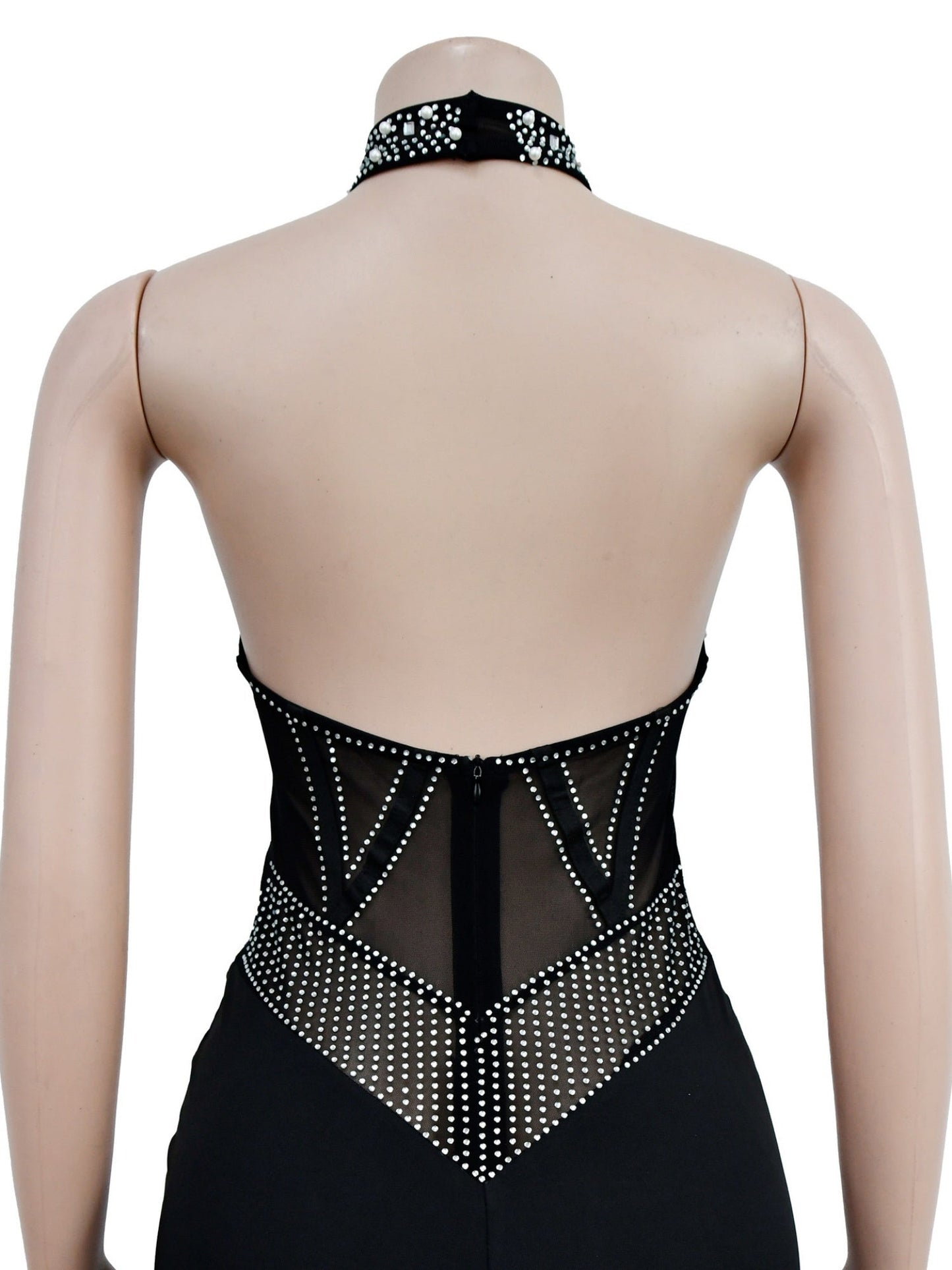 Hot-fix Rhinestones And Bubbles Mesh Splicing Halter Neck Cutout Sleeveless Jumpsuits