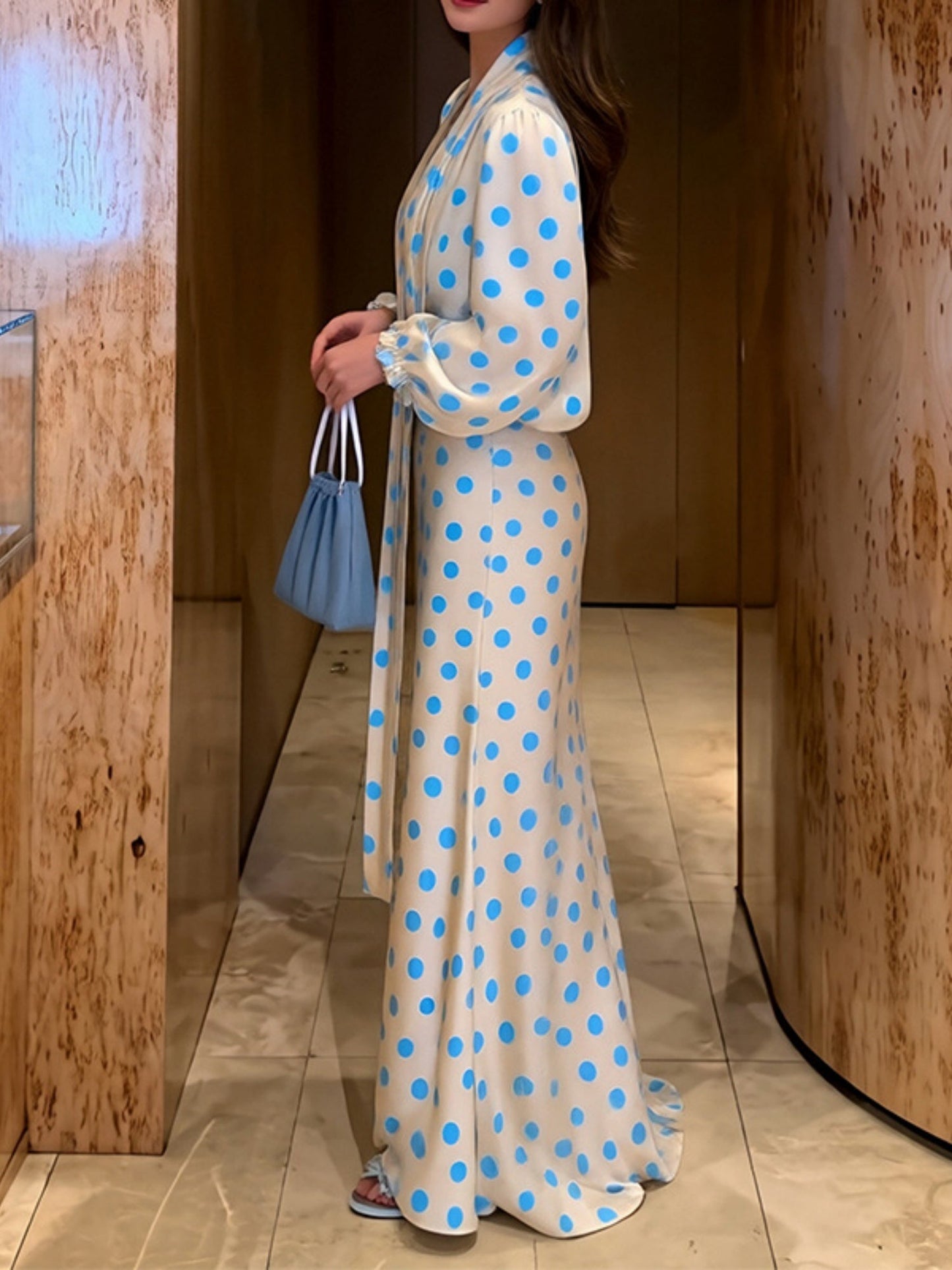 Polka Dots V-neck Puff Sleeves Waist Shaping Maxi Dresses