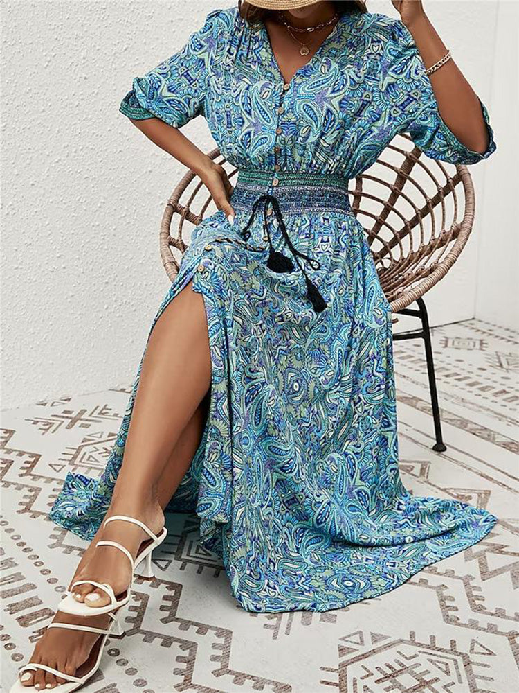 V Neck Button Front Smocked Waist Paisley Print High Slit Maxi Dress