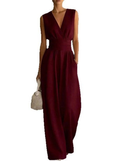V-neck Waist Wide-leg Pants Sleeveless Temperament Grace Commuting Jumpsuits