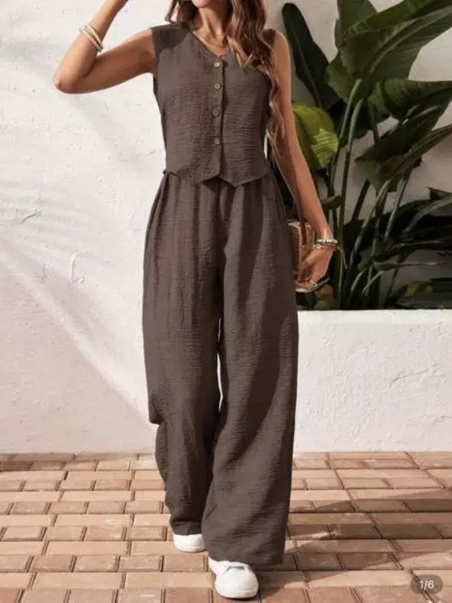 Pleated Solid Color Sleeveless Button Vest Wide-leg Pants 2-piece Sets