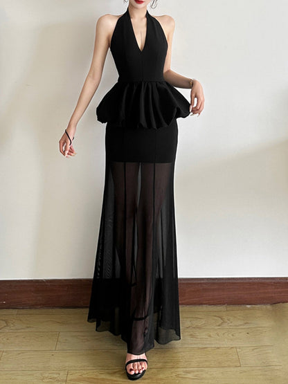 Mesh Splicing Perspective Neckband Ruffle Maxi Dresses