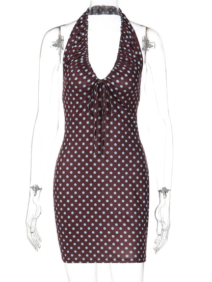 Polka Dots Neck Strap Slim Fit Hip Body Mini&Short Dresses