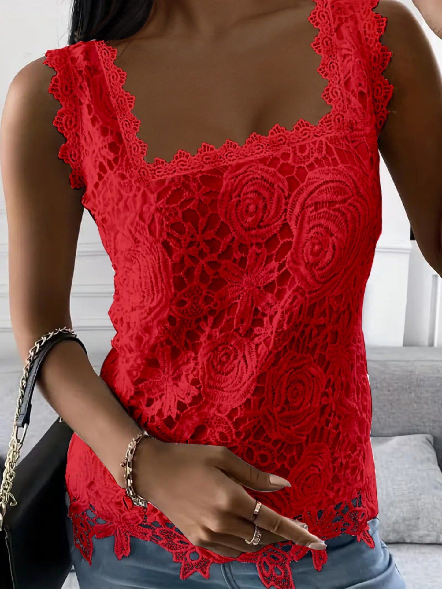 Lace Trim Square Collar Tank Tops&Camis