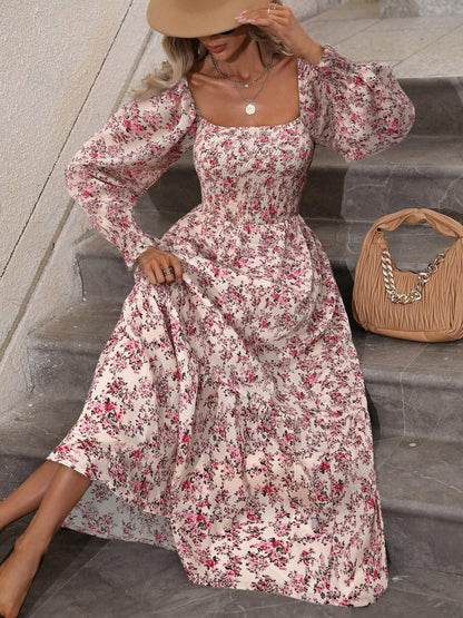 Floral Long Sleeve Square Collar Vacation And Leisure Maxi Dresses