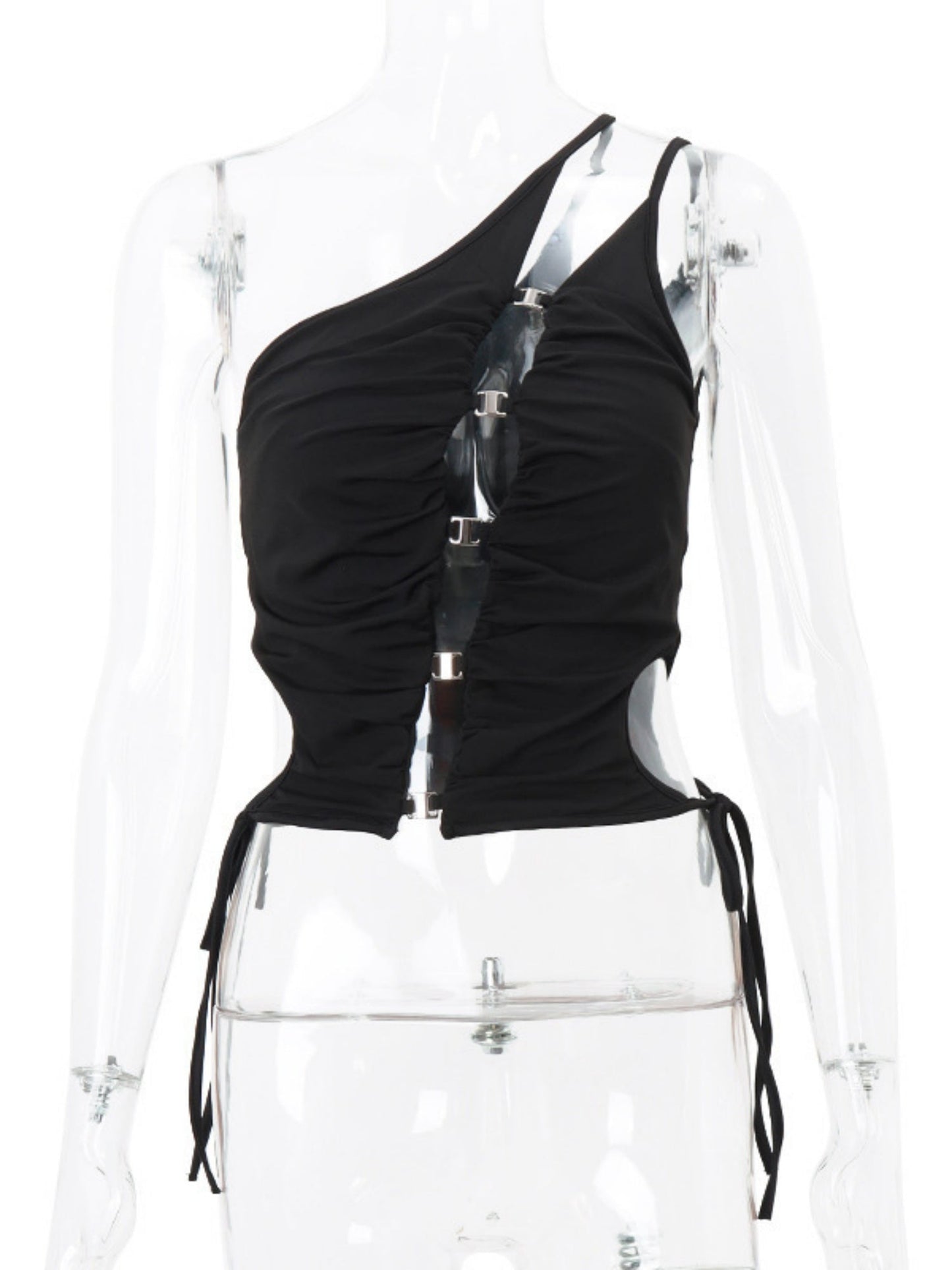 Hollow Out Metal Decoration Sloping Shoulders Backless Tank Tops