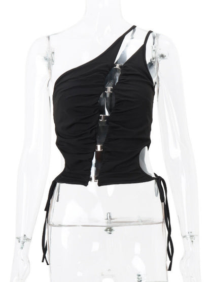 Hollow Out Metal Decoration Sloping Shoulders Backless Tank Tops