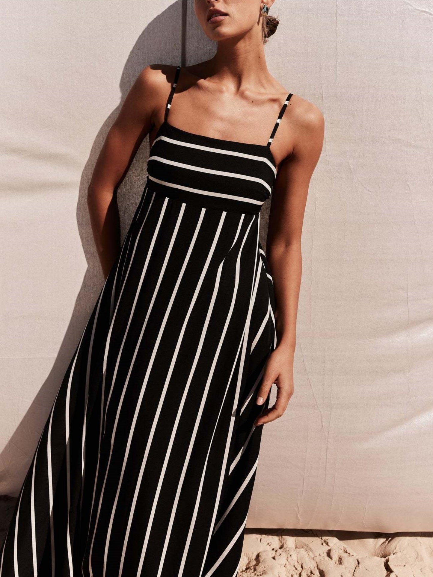 Striped Color Blocking Spaghetti Strap Backless Large Skirt Pockets Maxi Dresses