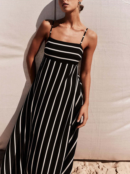 Striped Color Blocking Spaghetti Strap Backless Large Skirt Pockets Maxi Dresses