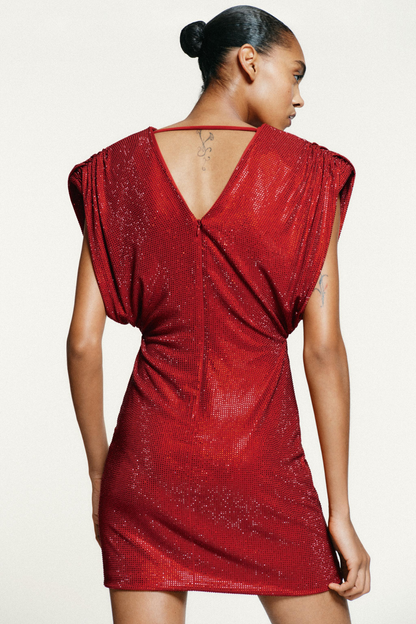 Sparkling Rhinestone Shoulder Pad Mini Dress