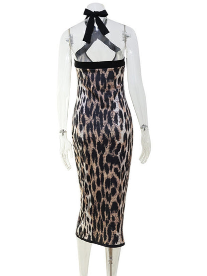 Leopard Print Cross-neck Backless And Figure-hugging Maxi Dresses