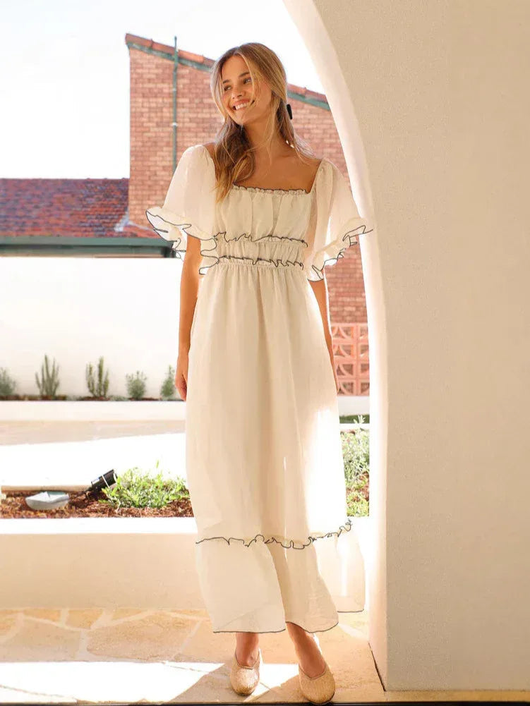 Off Shoulder Puff Sleeve White Maxi Dress