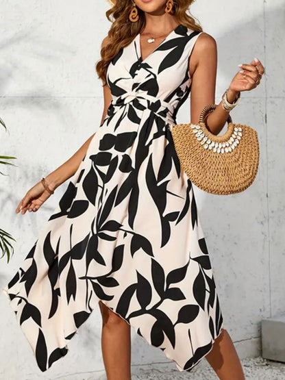 Irregular Printed Waist Midi Dresses